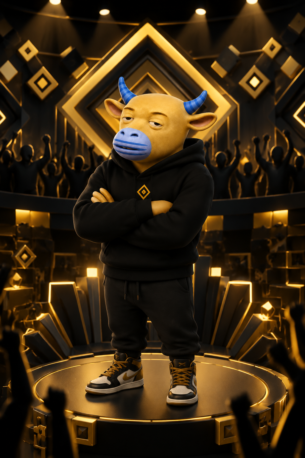 Bull mascot on a golden stage